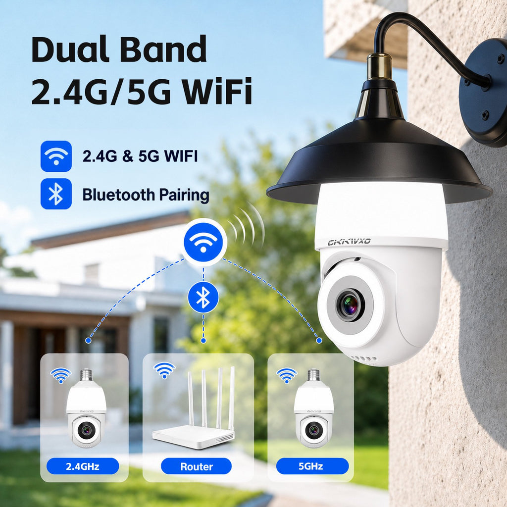 CiKiKWXO 2.5K Light Bulb Security Camera, 5G& 2.4GHz WiFi Dual Band Camera, 360° Wireless Outdoor Camera with Full-Color Night Vision, Motion Detection, Easy Install for Home Security