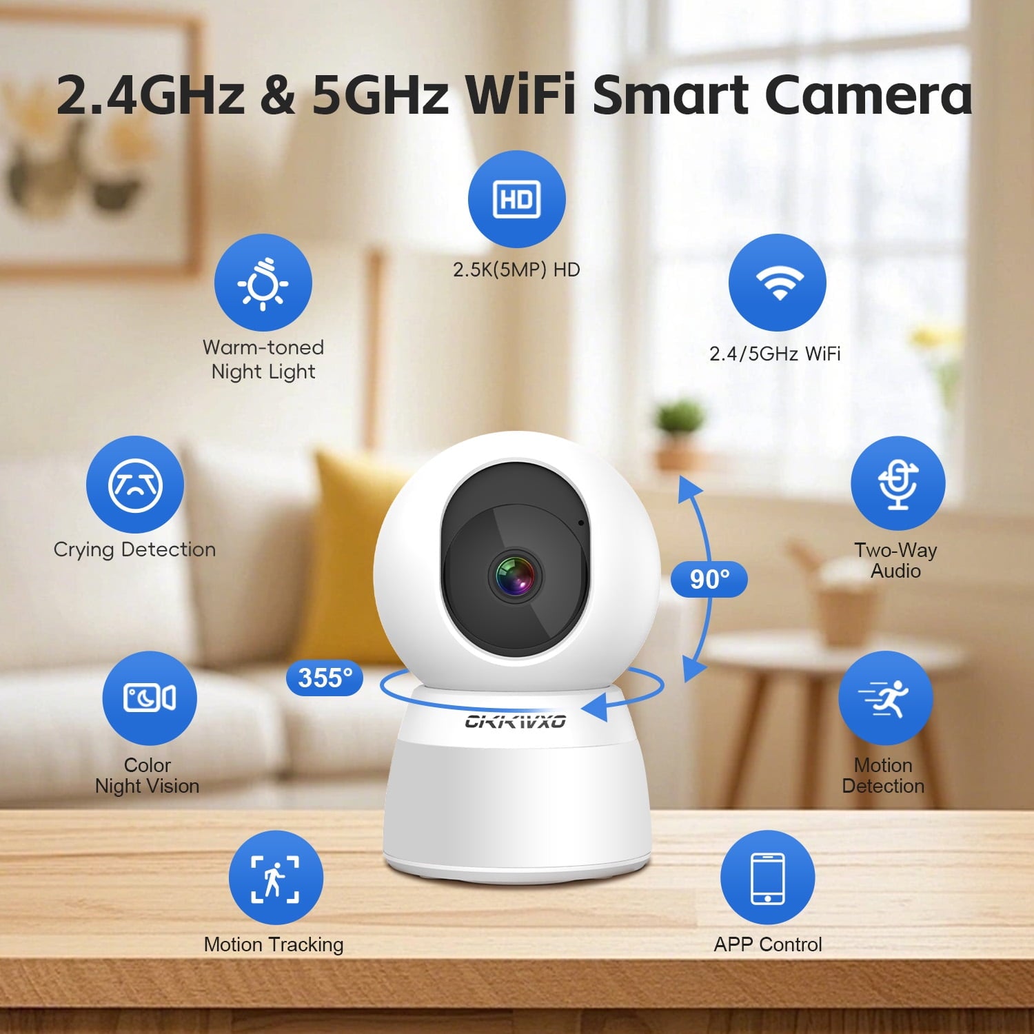CiKiKWXO 2.5K HD Security Camera, 5G & 2.4G Dual WiFi Smart Camera, Color Night Vision with Soft Lighting, Motion Tracking, Two-Way Audio, Supports Flexible Storage