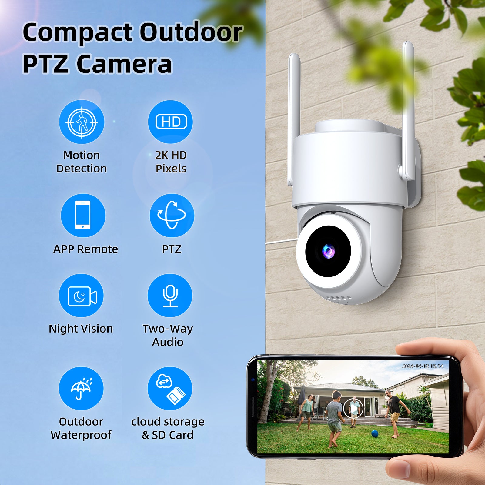 2K Outdoor Surveillance Camera, Dual-Band Wi-Fi 2.4/5 GHz, Outdoor Surveillance, Color Night Vision, Motion Detection, Two-Way Audio, PTZ, Weatherproof IP65, Alexa Compatible