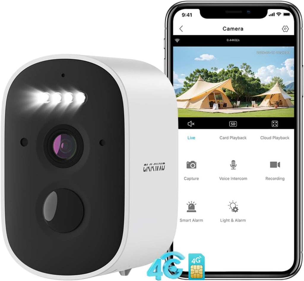 4G Surveillance Camera with Battery and SIM Card, 2.5K 5MP Camera (No WiFi), Color Night Vision, Motion Detection, Two-Way Audio, Alarm, IP65, Alexa Compatible for Indoor/Outdoor Use