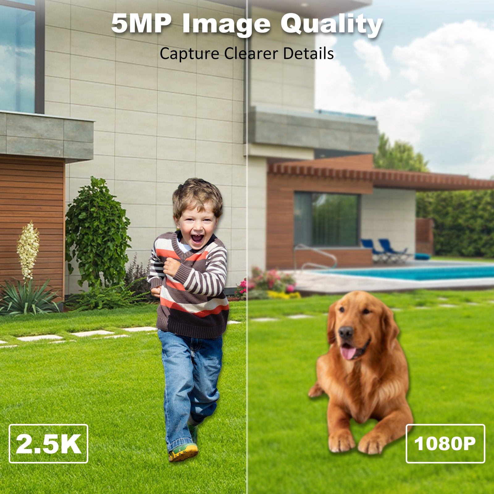 2.5K Outdoor Surveillance Camera, Rechargeable, Wi-Fi, 2.4 GHz, Wireless Outdoor Camera with Color Night Vision, IP65 Waterproof, PIR Motion Detection, 5000mAh Battery, App Control, Alexa Compatible