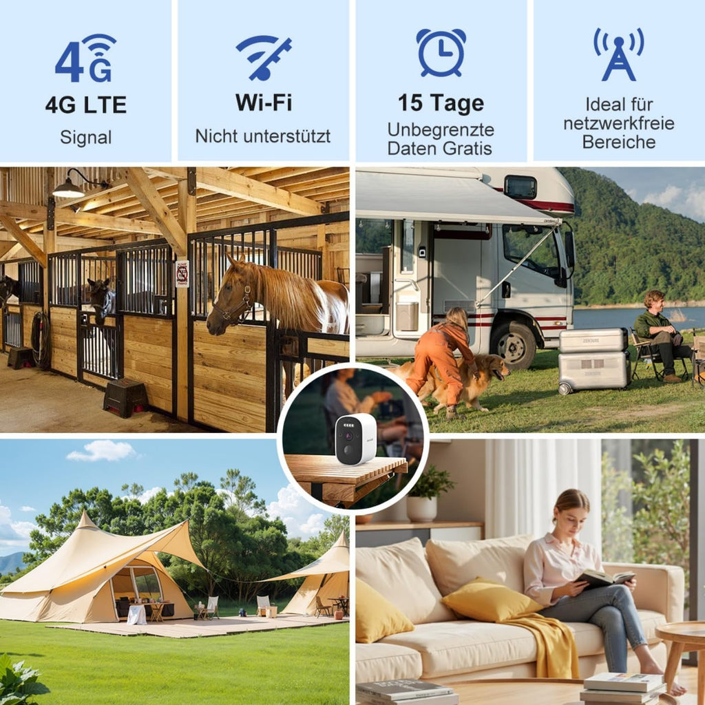 4G Surveillance Camera with Battery and SIM Card, 2.5K 5MP Camera (No WiFi), Color Night Vision, Motion Detection, Two-Way Audio, Alarm, IP65, Alexa Compatible for Indoor/Outdoor Use