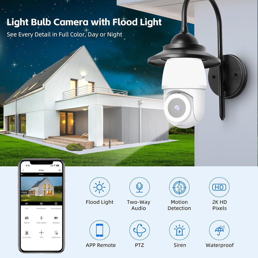 2.4&5Ghz WiFi Light Bulb Security Camera,2K Wireless Light Bulb Camera, Light Socket Security Cam with Motion Detection,Two-Way Talk, Color Night Vision, Compatible with Alexa