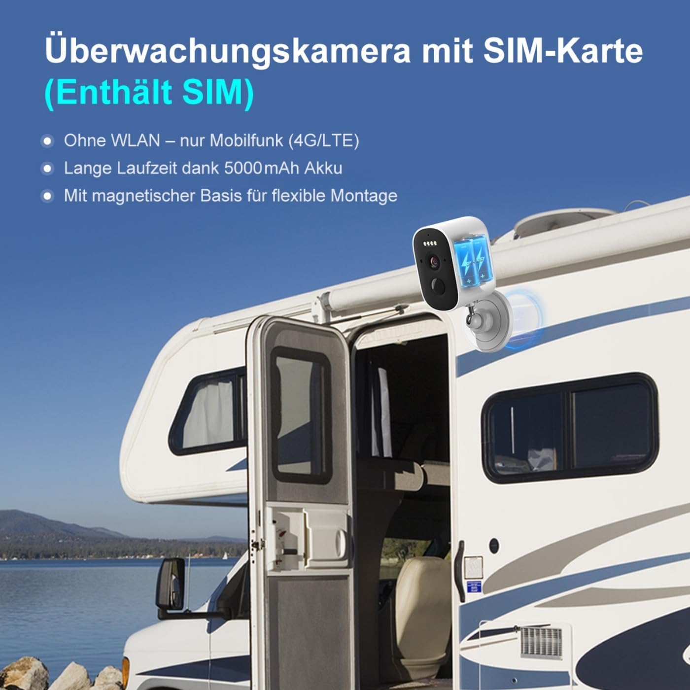 4G Surveillance Camera with Battery and SIM Card, 2.5K 5MP Camera (No WiFi), Color Night Vision, Motion Detection, Two-Way Audio, Alarm, IP65, Alexa Compatible for Indoor/Outdoor Use