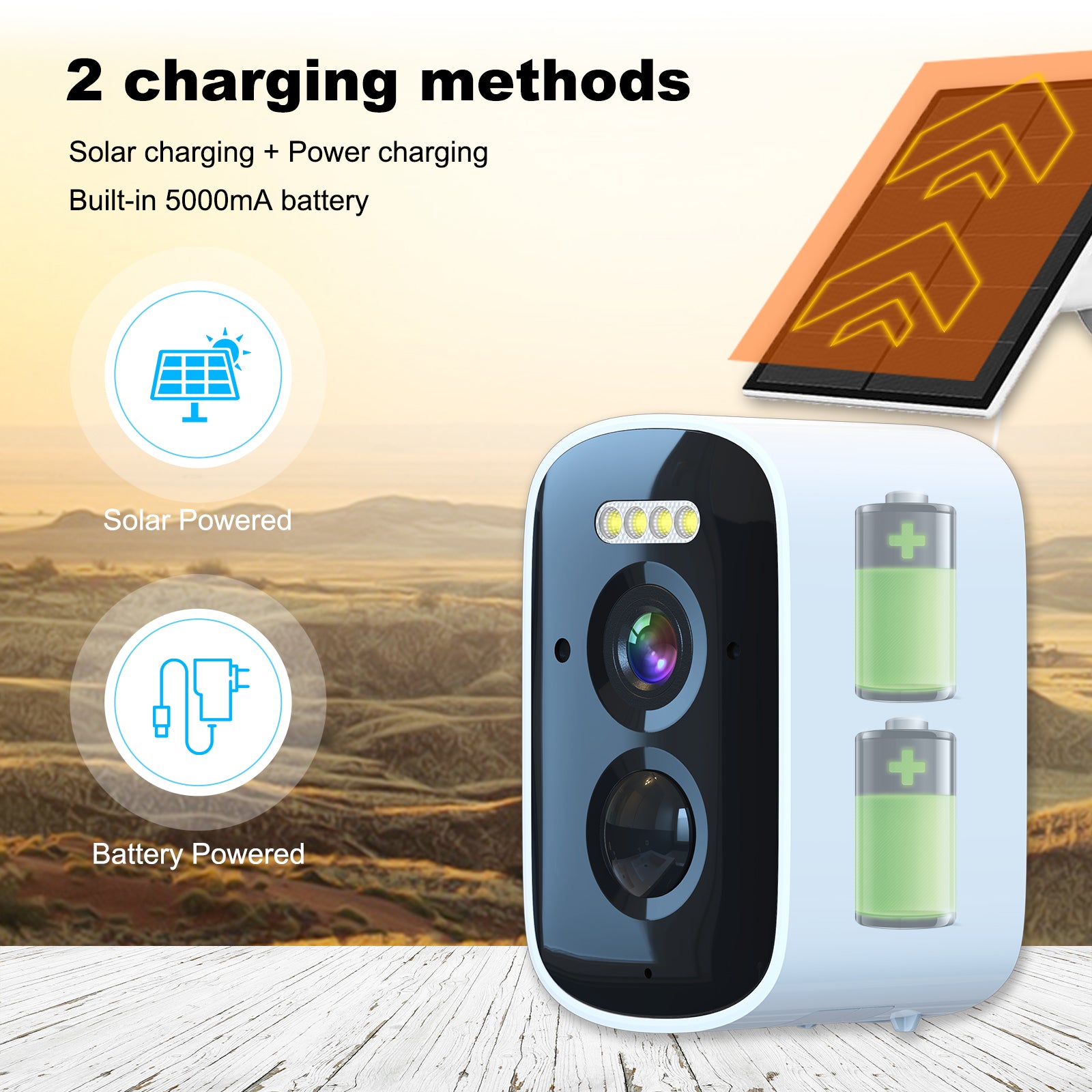 2.5K Outdoor Surveillance Camera, Rechargeable, Wi-Fi, 2.4 GHz, Wireless Outdoor Camera with Color Night Vision, IP65 Waterproof, PIR Motion Detection, 5000mAh Battery, App Control, Alexa Compatible