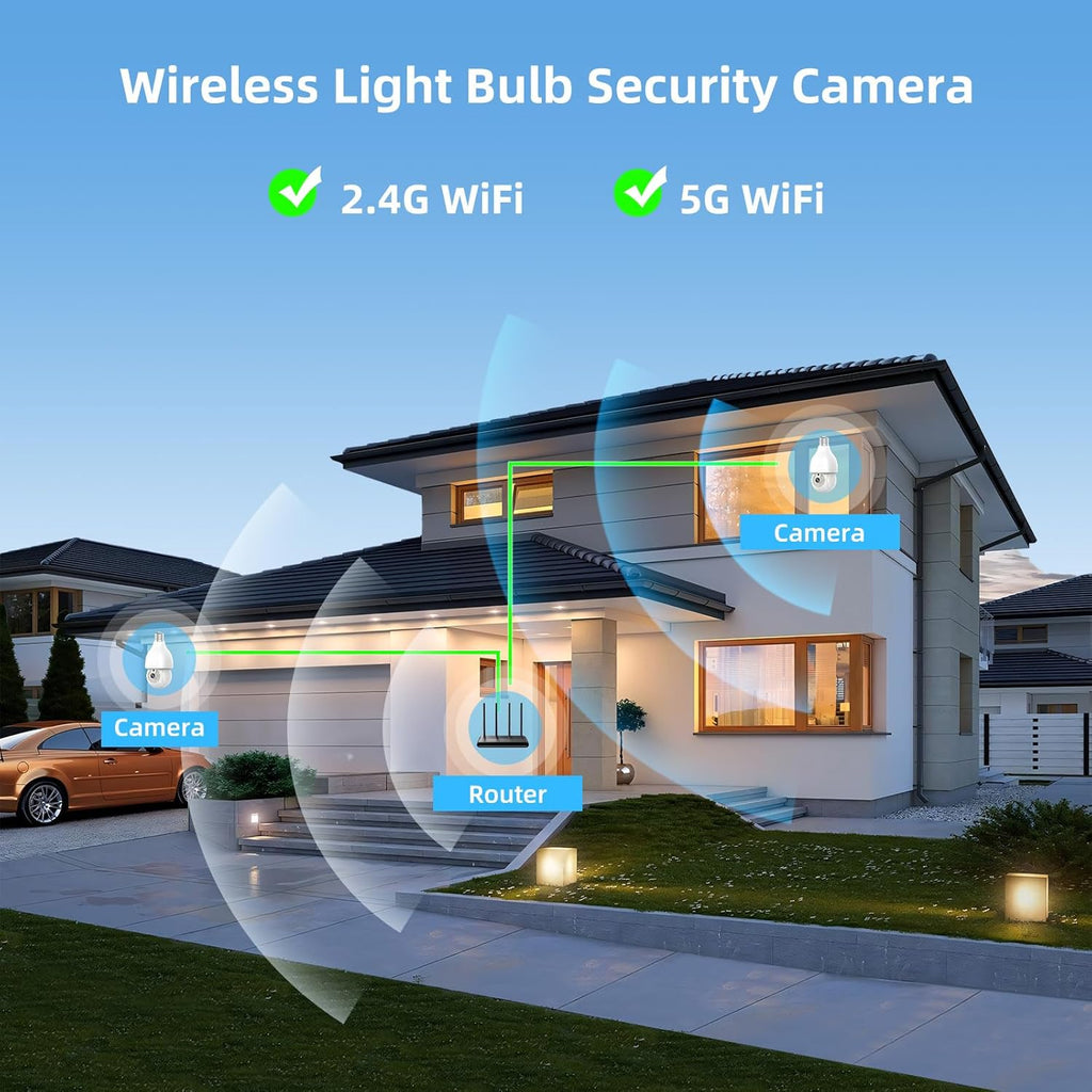 2.4&5Ghz WiFi Light Bulb Security Camera,2K Wireless Light Bulb Camera, Light Socket Security Cam with Motion Detection,Two-Way Talk,24/7 Recording,Compatible with Google Assistant & Alexa