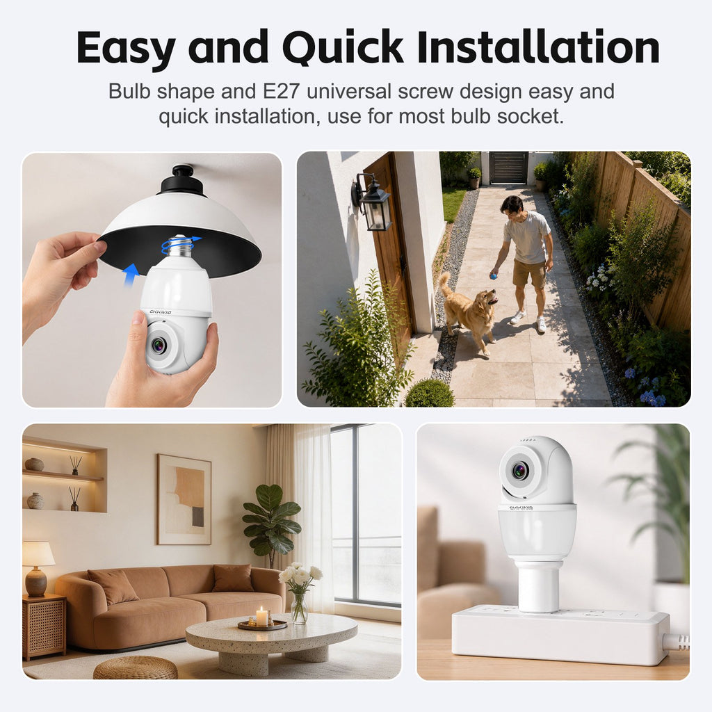 CiKiKWXO 2.5K Light Bulb Security Camera, 5G& 2.4GHz WiFi Dual Band Camera, 360° Wireless Outdoor Camera with Full-Color Night Vision, Motion Detection, Easy Install for Home Security