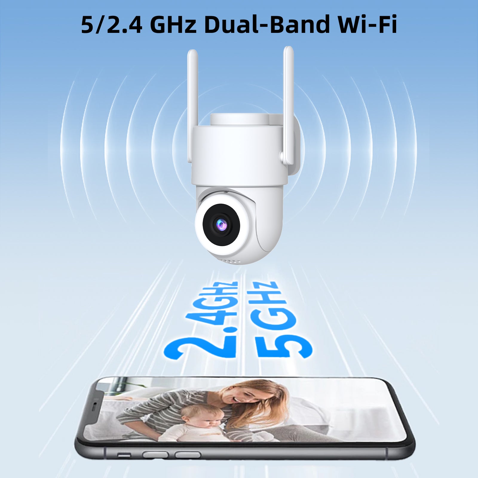 2K Outdoor Surveillance Camera, Dual-Band Wi-Fi 2.4/5 GHz, Outdoor Surveillance, Color Night Vision, Motion Detection, Two-Way Audio, PTZ, Weatherproof IP65, Alexa Compatible