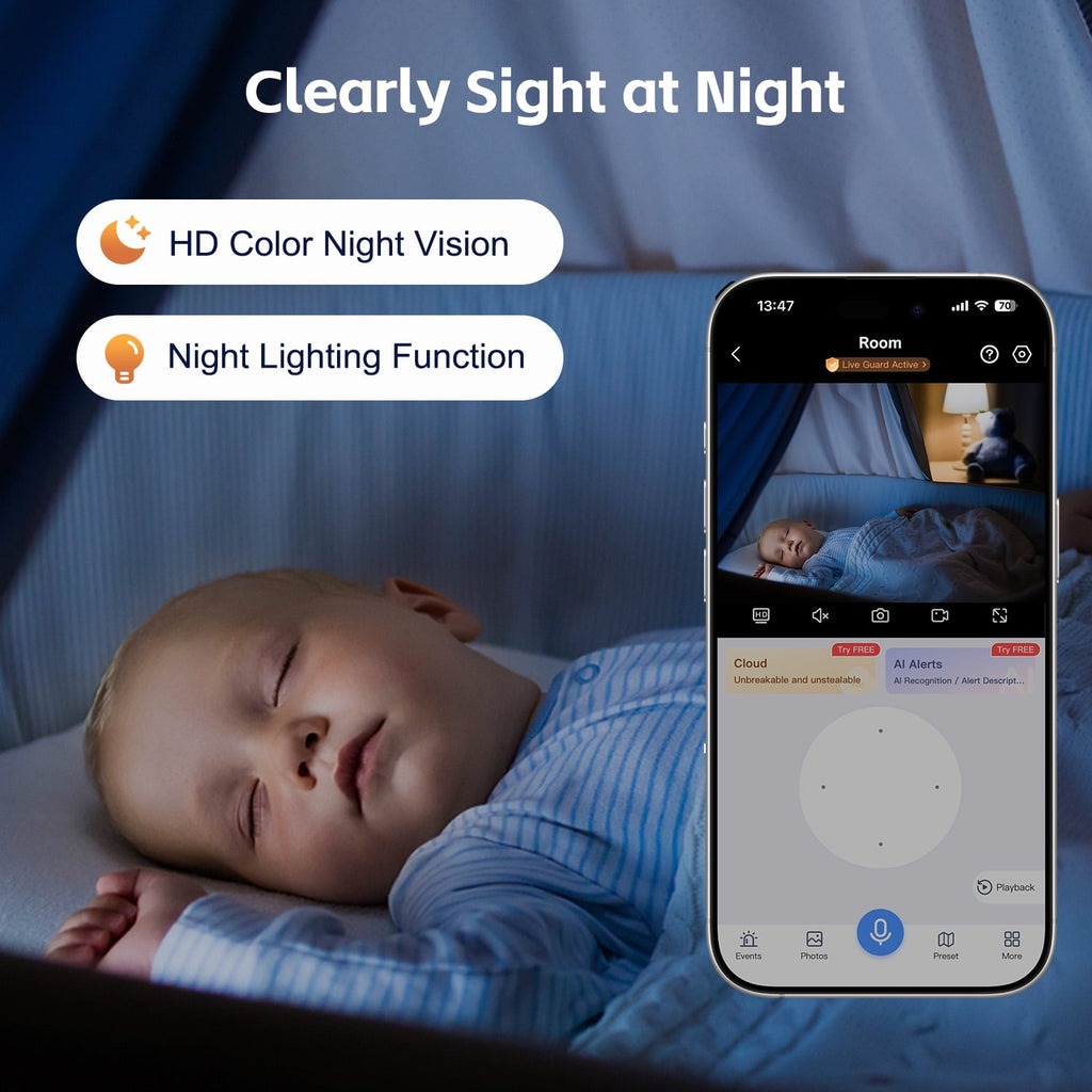CiKiKWXO Smart Home Indoor Camera, Color Night Vision with Soft Lighting, Wired 2.5K HD Security Surveillance Camera with Motion Detection and Tracking, Crying Detection