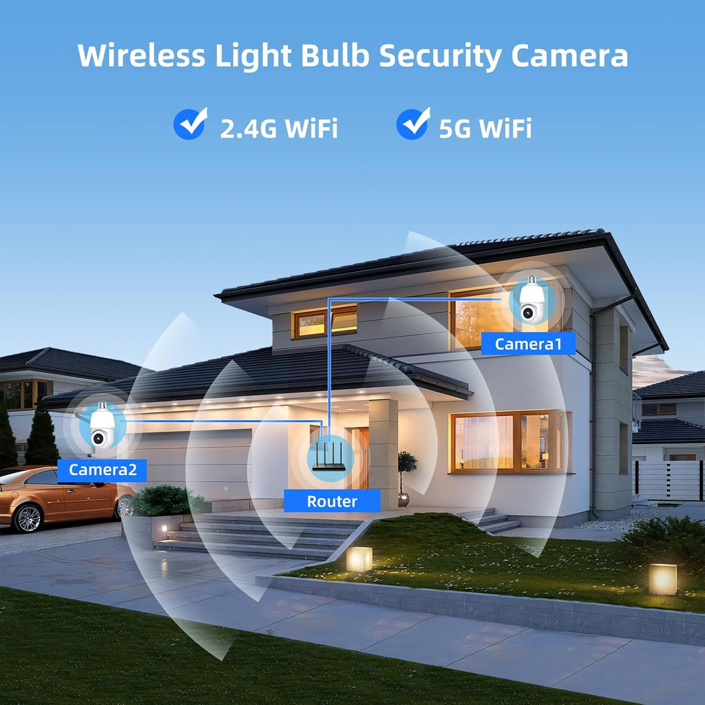 2.4&5Ghz WiFi Light Bulb Security Camera,2K Wireless Light Bulb Camera, Light Socket Security Cam with Motion Detection,Two-Way Talk, Color Night Vision, Compatible with Alexa
