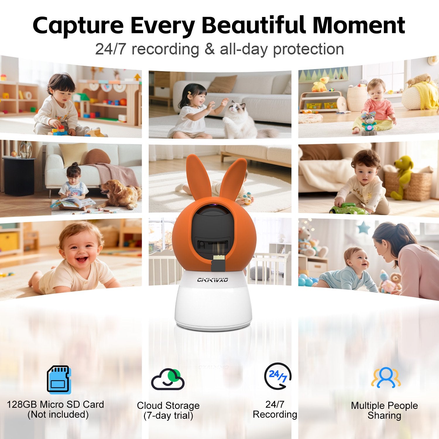 CiKiKWXO Smart Home Indoor Camera, Color Night Vision with Soft Lighting, Wired 2.5K HD Security Surveillance Camera with Motion Detection and Tracking, Crying Detection