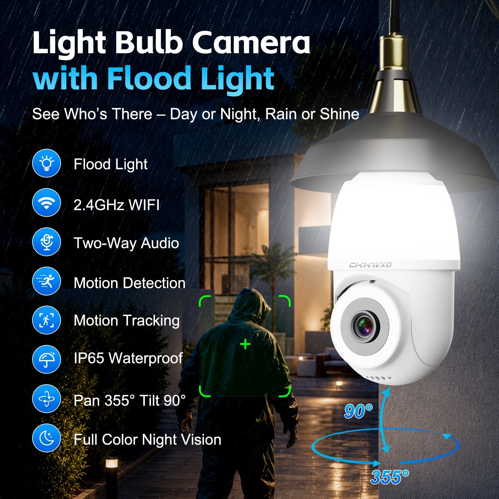 CiKiKWXO 2MP Light Bulb Security Camera, 360° Pan Tilt Security Cameras Wireless Outdoor Indoor Full Color Day and Night, Motion Detection, Audible Alarm, Easy Installation, Compatible with Alexa