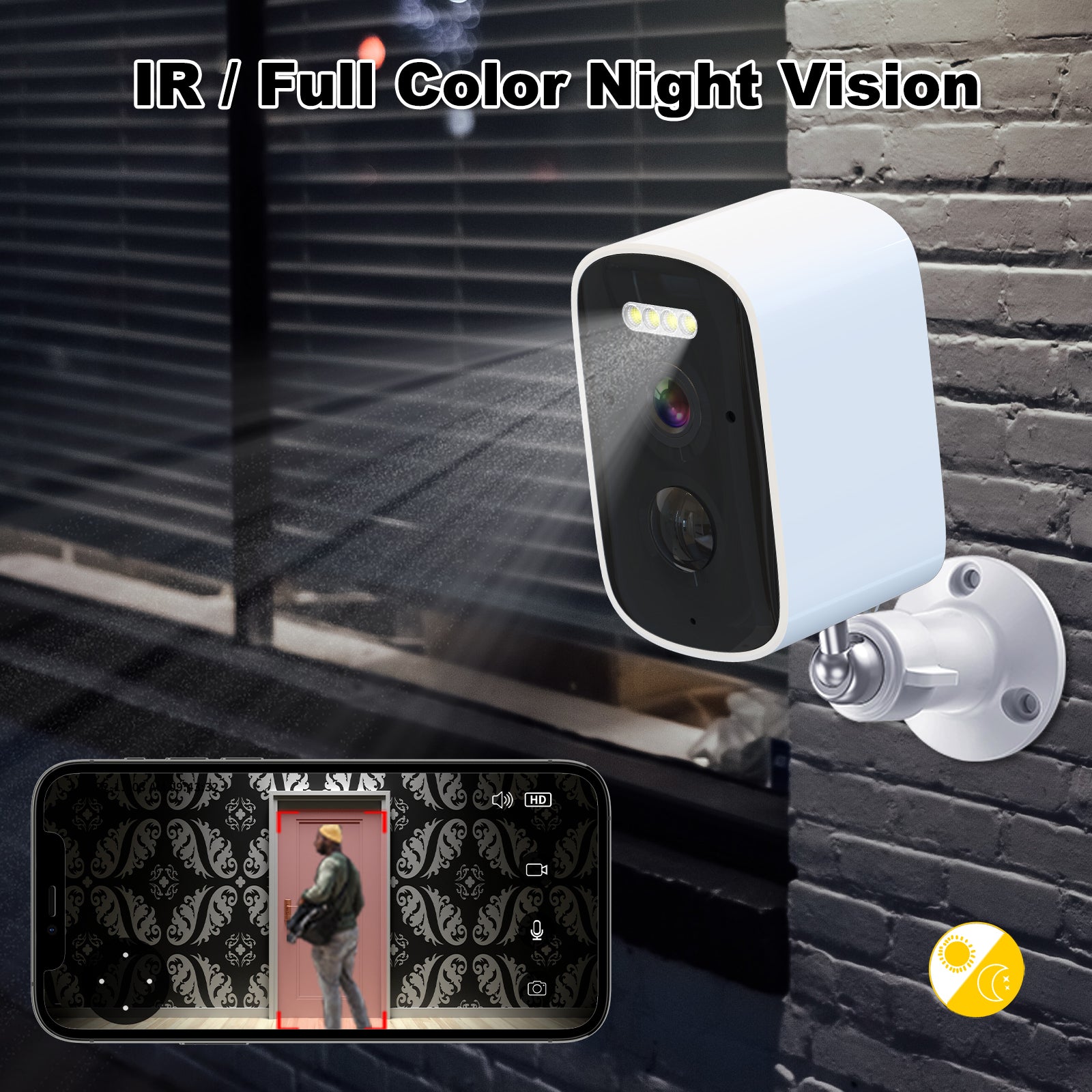 2.5K Outdoor Surveillance Camera, Rechargeable, Wi-Fi, 2.4 GHz, Wireless Outdoor Camera with Color Night Vision, IP65 Waterproof, PIR Motion Detection, 5000mAh Battery, App Control, Alexa Compatible