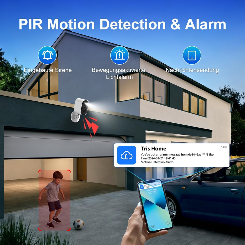 4G Surveillance Camera with Battery and SIM Card, 2.5K 5MP Camera (No WiFi), Color Night Vision, Motion Detection, Two-Way Audio, Alarm, IP65, Alexa Compatible for Indoor/Outdoor Use