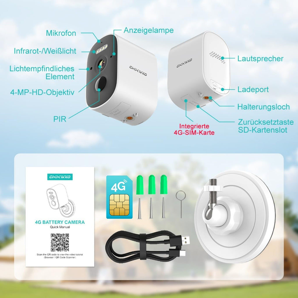 4G Surveillance Camera with Battery and SIM Card, 2.5K 5MP Camera (No WiFi), Color Night Vision, Motion Detection, Two-Way Audio, Alarm, IP65, Alexa Compatible for Indoor/Outdoor Use