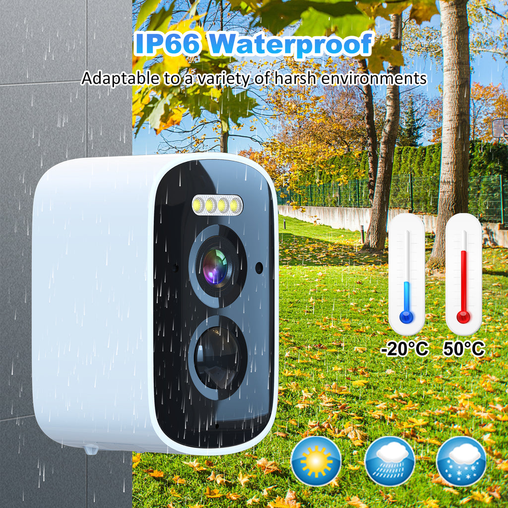 2.5K Outdoor Surveillance Camera, Rechargeable, Wi-Fi, 2.4 GHz, Wireless Outdoor Camera with Color Night Vision, IP65 Waterproof, PIR Motion Detection, 5000mAh Battery, App Control, Alexa Compatible