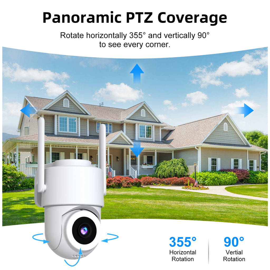 2K Outdoor Surveillance Camera, Dual-Band Wi-Fi 2.4/5 GHz, Outdoor Surveillance, Color Night Vision, Motion Detection, Two-Way Audio, PTZ, Weatherproof IP65, Alexa Compatible