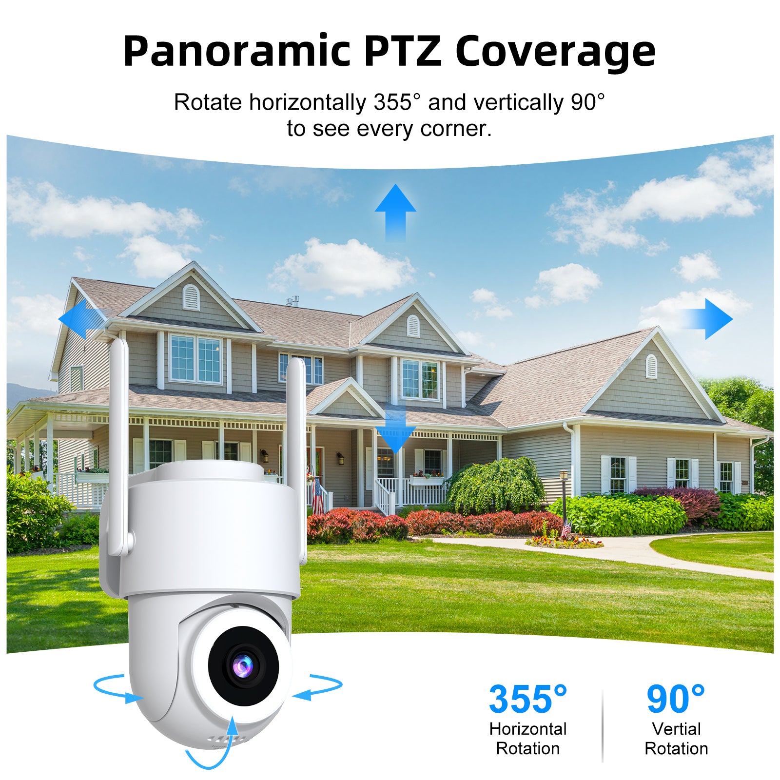 2K Outdoor Surveillance Camera, Dual-Band Wi-Fi 2.4/5 GHz, Outdoor Surveillance, Color Night Vision, Motion Detection, Two-Way Audio, PTZ, Weatherproof IP65, Alexa Compatible