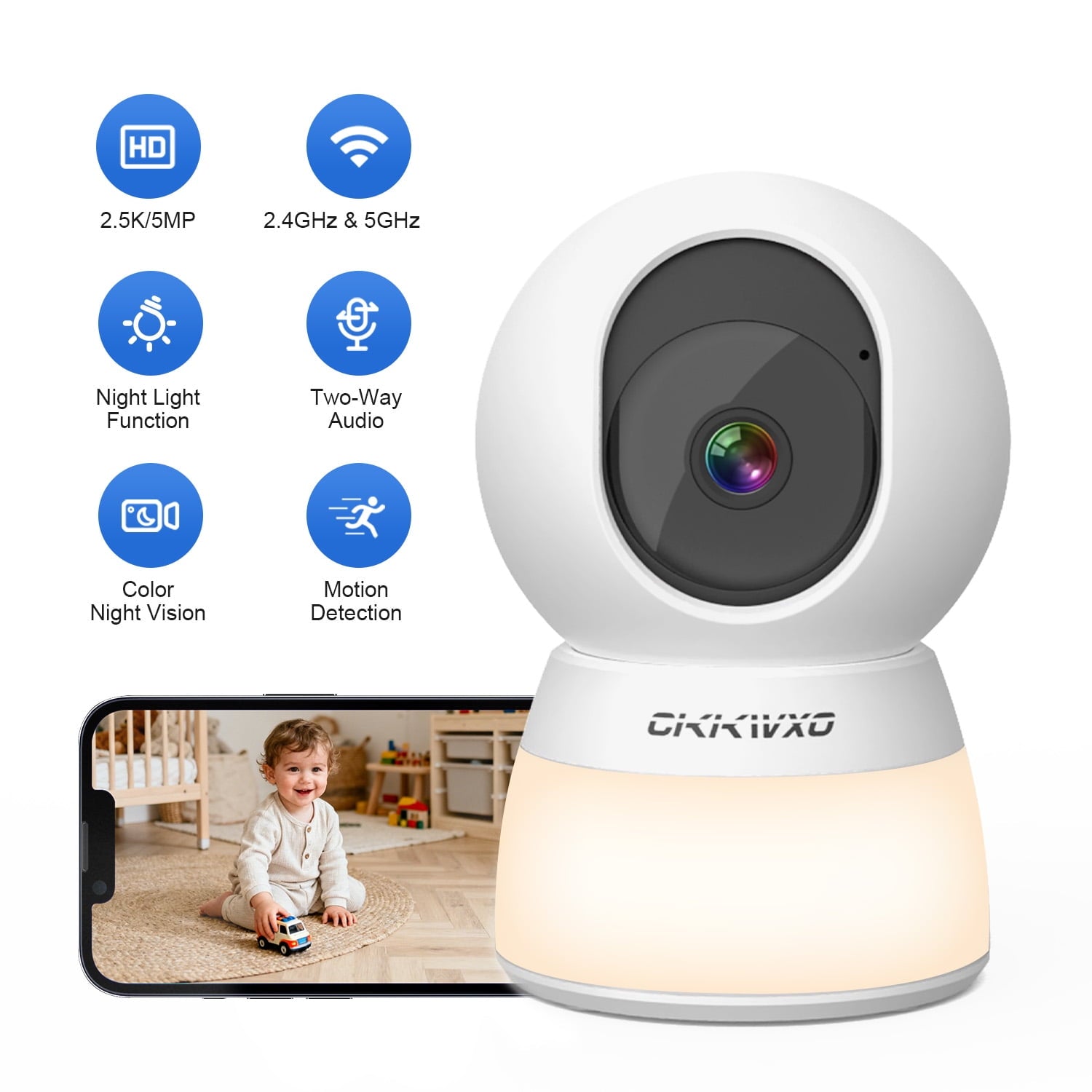 CiKiKWXO 2.5K HD Security Camera, 5G & 2.4G Dual WiFi Smart Camera, Color Night Vision with Soft Lighting, Motion Tracking, Two-Way Audio, Supports Flexible Storage