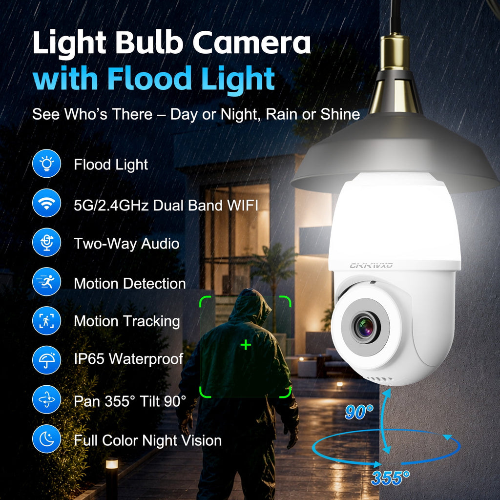 CiKiKWXO 2.5K Light Bulb Security Camera, 5G& 2.4GHz WiFi Dual Band Camera, 360° Wireless Outdoor Camera with Full-Color Night Vision, Motion Detection, Easy Install for Home Security