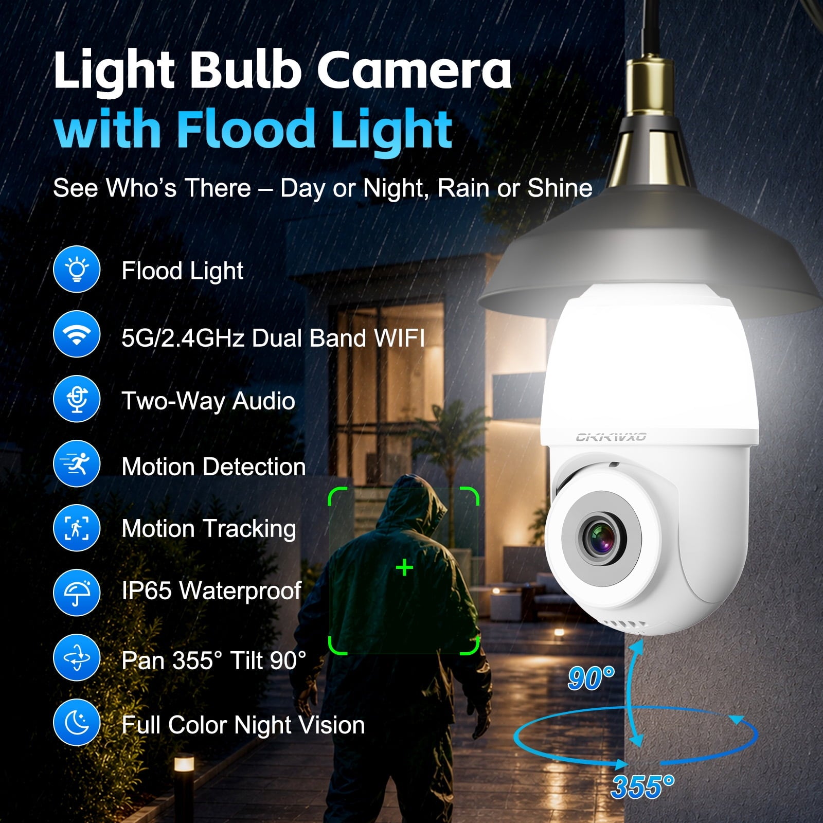 CiKiKWXO 2.5K Light Bulb Security Camera, 5G& 2.4GHz WiFi Dual Band Camera, 360° Wireless Outdoor Camera with Full-Color Night Vision, Motion Detection, Easy Install for Home Security