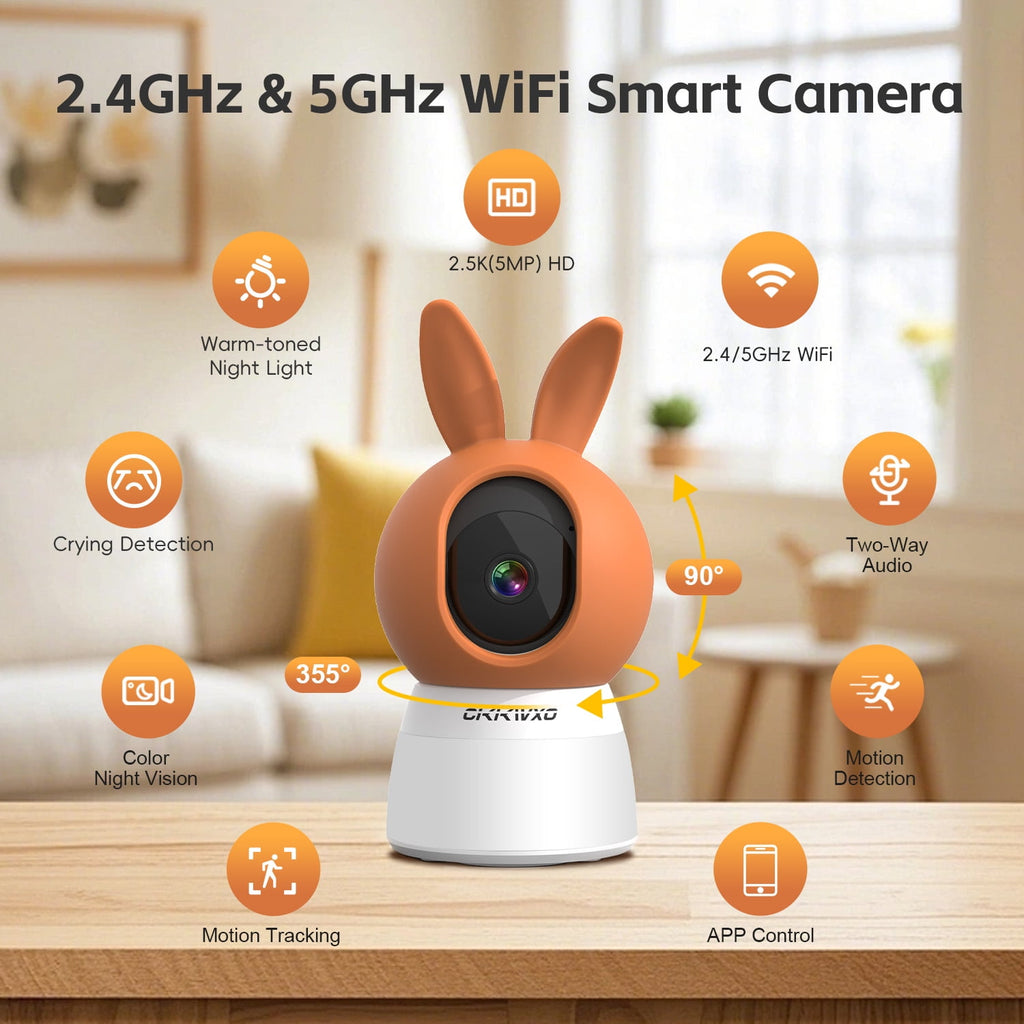 CiKiKWXO Smart Home Indoor Camera, Color Night Vision with Soft Lighting, Wired 2.5K HD Security Surveillance Camera with Motion Detection and Tracking, Crying Detection